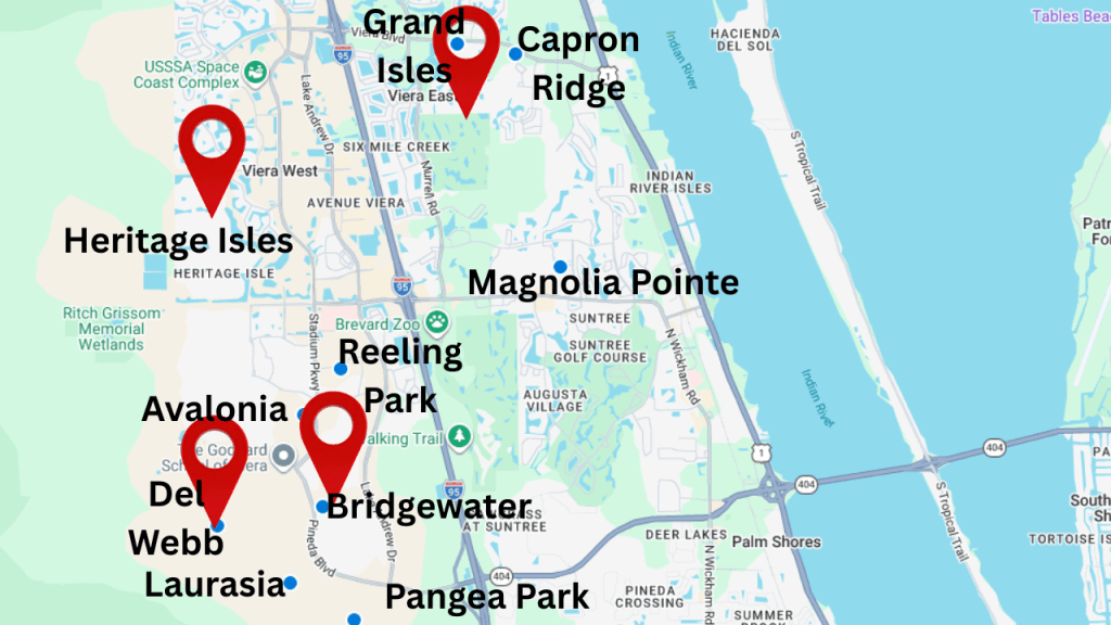 Map showing the best selling communities in the Viera area for April 2026 with pins on the 4 55+ communities