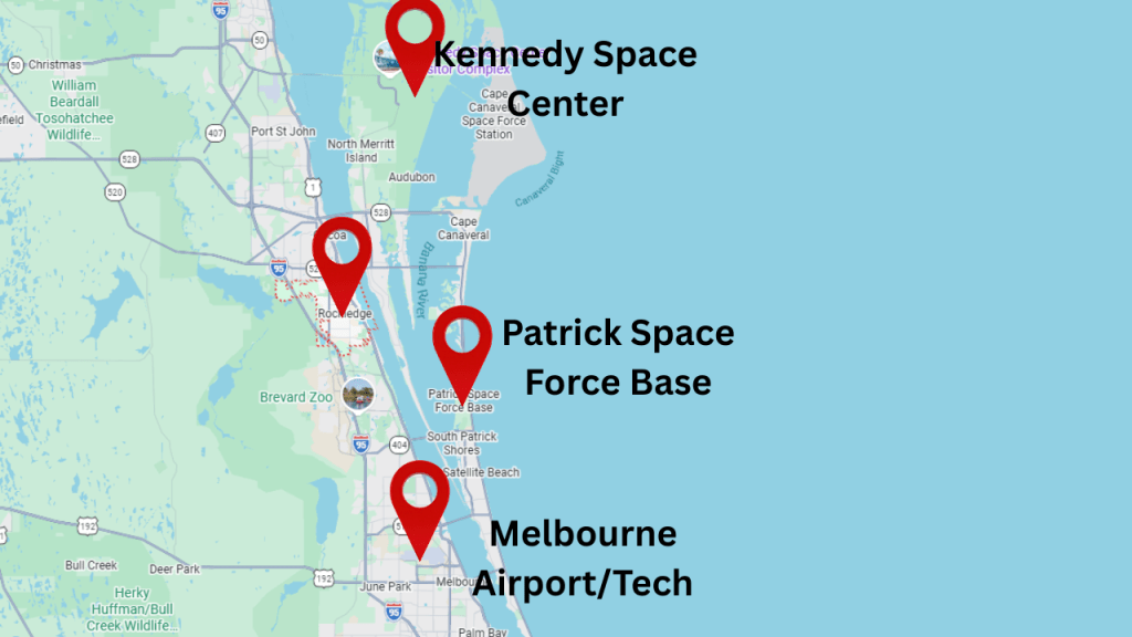 map of brevard with a pin in rockledge, KSC, Patrick space force base, and the melbourne airport
