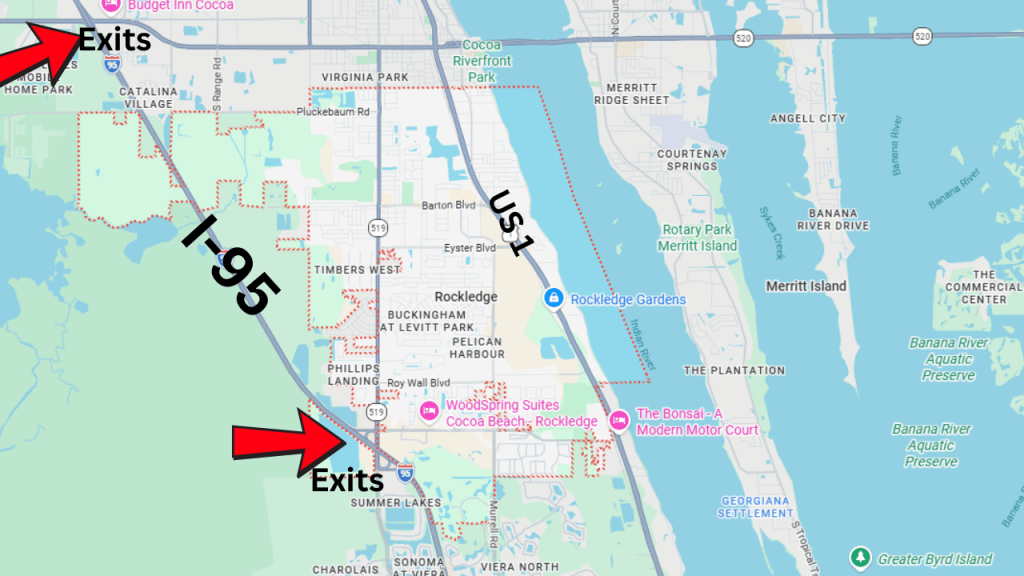 map of rockledge showing the 2 95 exits and us1