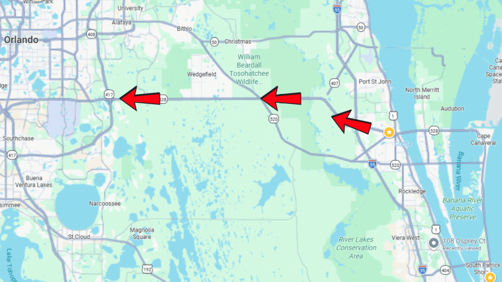 map of central florida showing how close Orlando is from the Cocoa area
