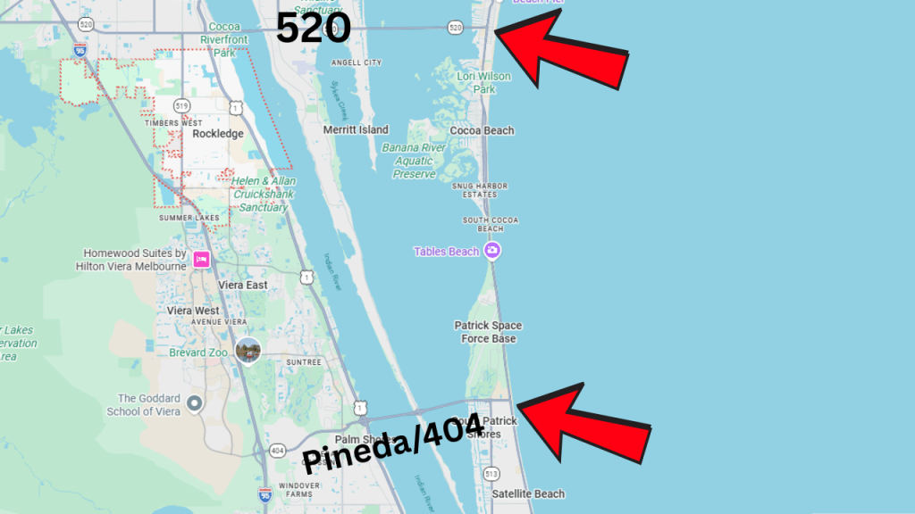 map of central Brevard showing the 520 and Eau Galley causeways, the 2 closest access points to the beach