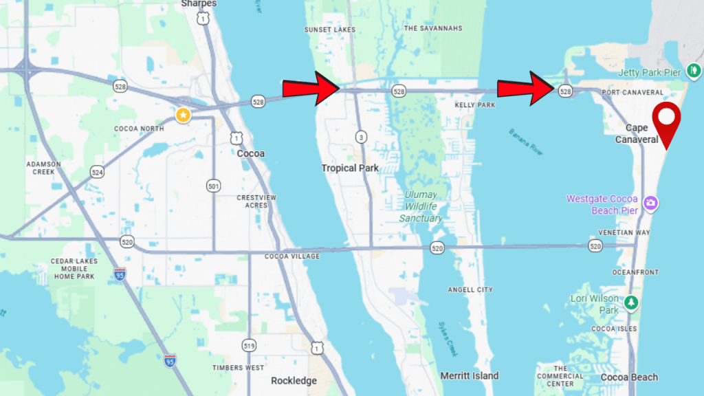 Map of central Brevard showing the causeways and how close the Cape Canaveral Beaches are