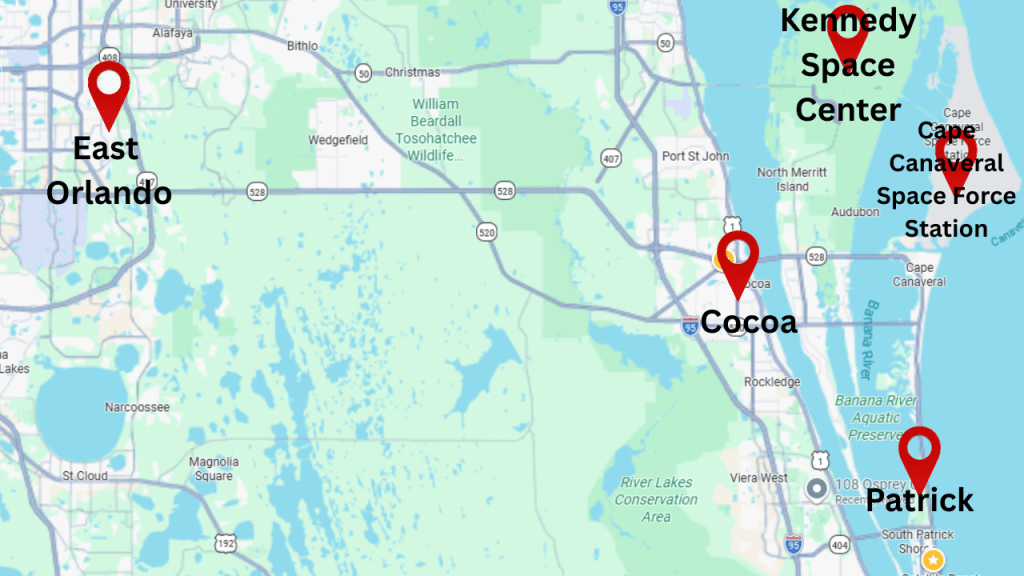 Map of the area showing how close Cocoa is to the Space Center, the Port, Patrick Space Force Base, and east Orlando