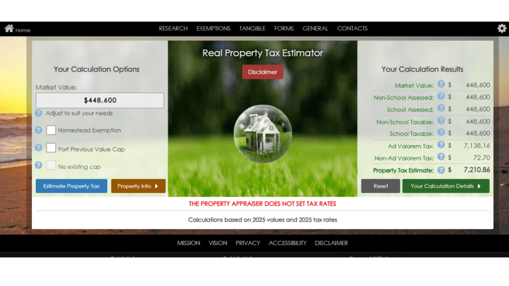 the tax estimator from the brevard county property appraiser site