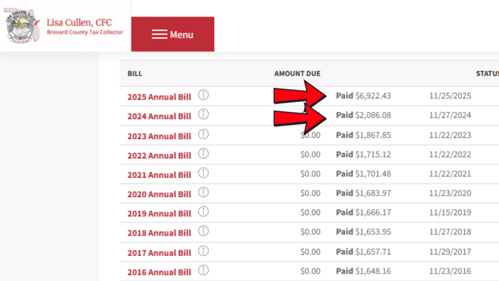 screenshot of the brevard county property tax collector site of a Cocoa Beach home that sold in 2024 showing the difference in taxes after the sale