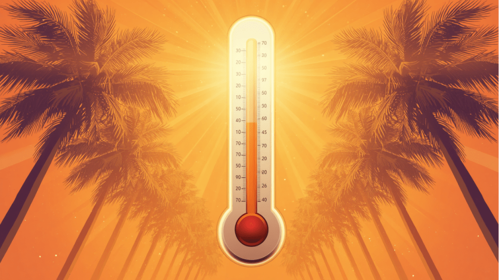 Scorching sun with palm trees and a thermometer