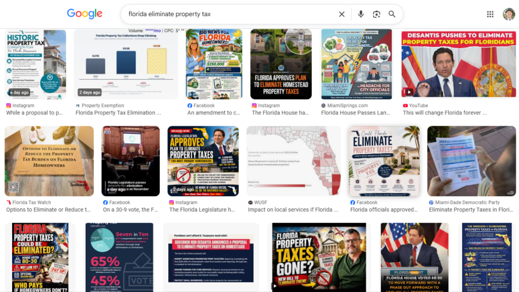 screenshot of a google search florida eliminate property tax