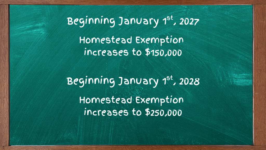 chalkboard graphic with the dates the homestead exemption would increase IF the law is passed
