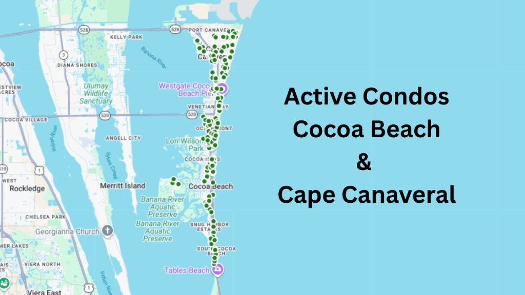 Map view of the condos for sale in the Cocoa Beach and Cape Canaveral area.