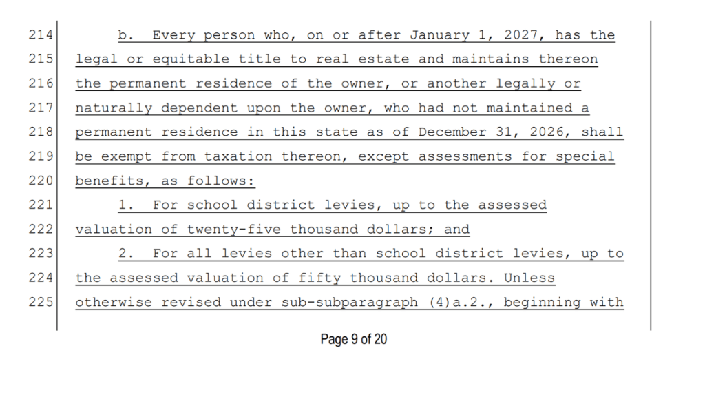 screenshot of the proposed law showin the new florida residence verbiage
