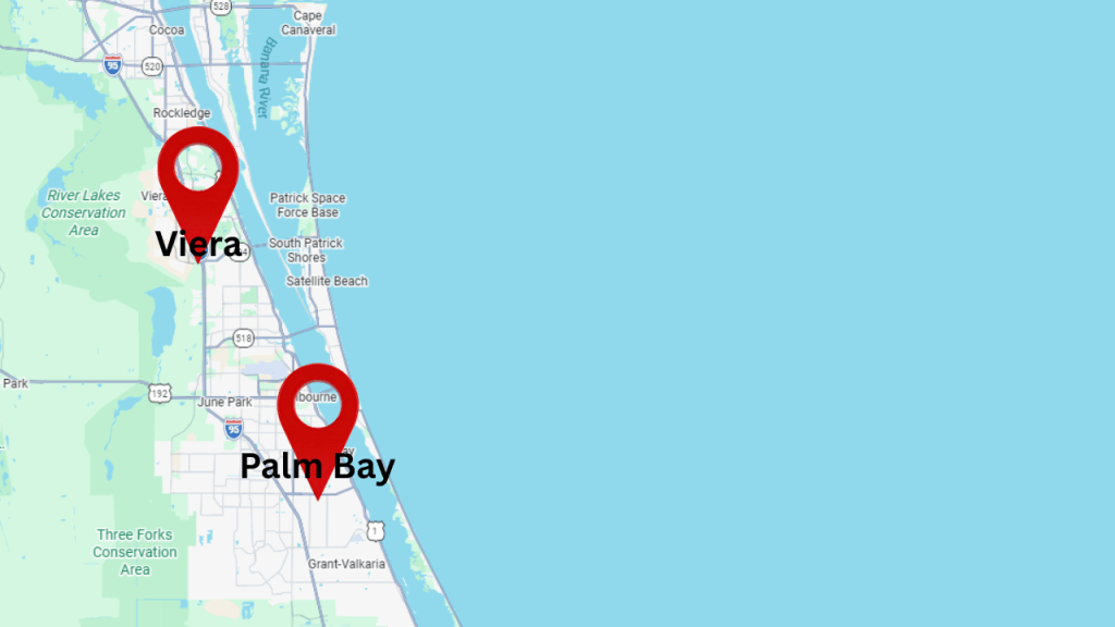 map of central and southern Brevard County with pins in Viera and Palm Bay