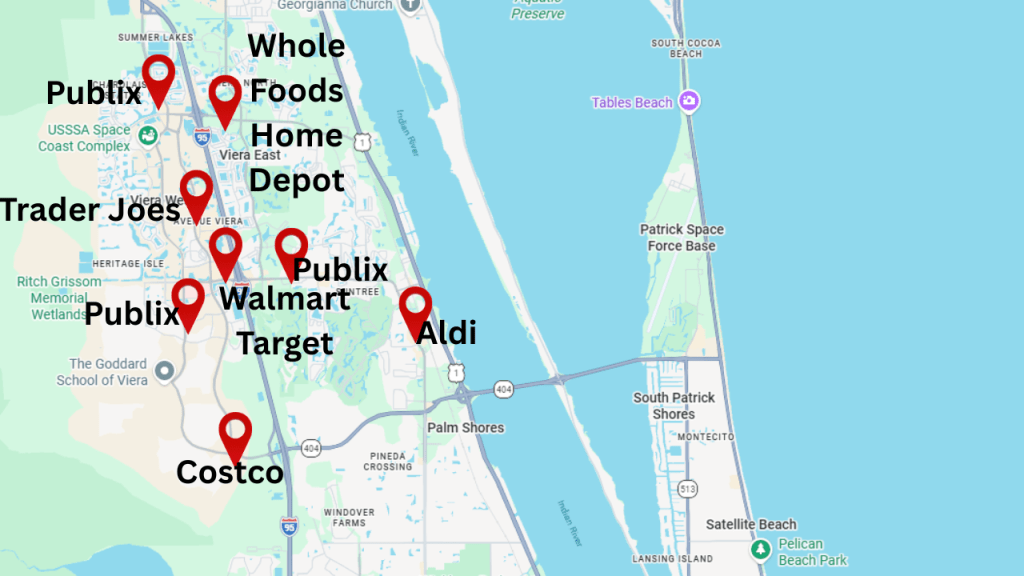 map showing major retailers in the Viera area