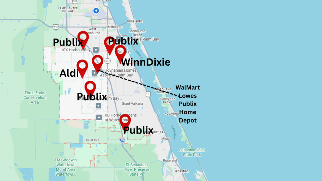Map showing major retailers in the Palm Bay area