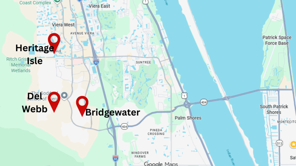 Map of Viera showing the three 55+ communities in the top 10 sales