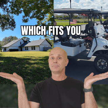 a h ome on a larger lot on the left and a golf cart on the right