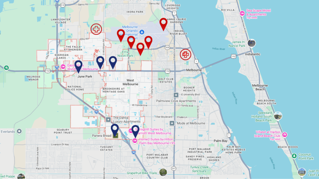 map view of West melbourne with pins showing work, shopping, and hospitals in the area