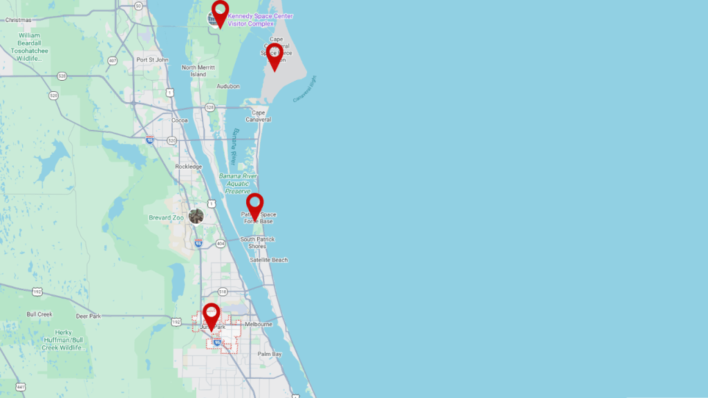 map of brevard showing west melbourne and the distance to patrick, cape canaveral space force station, and kennedy space center.