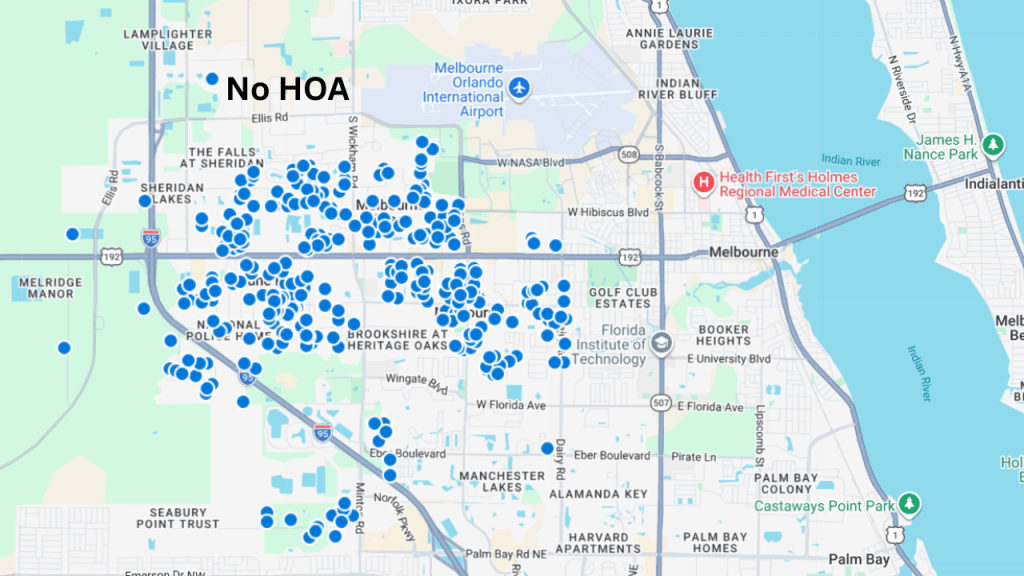 map view of the single family home sales not in an HOA since 2022