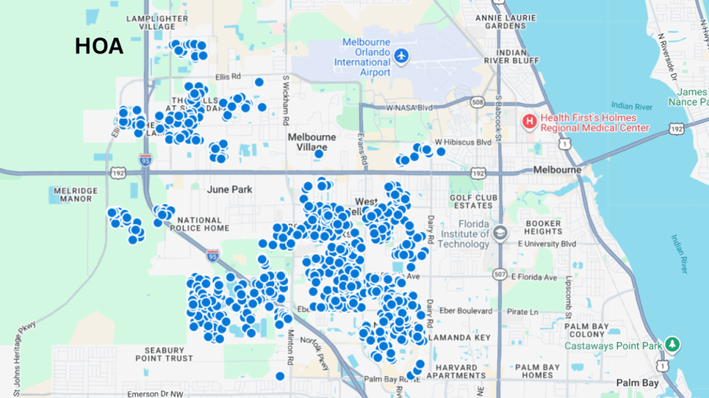 map view of the HOA home sales in West Melbourne since 2022
