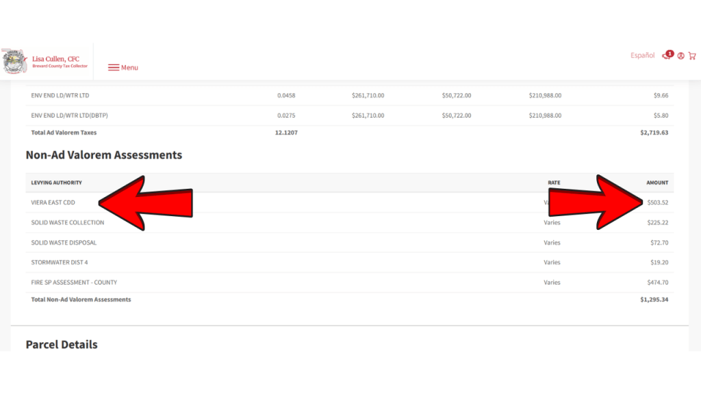 screenshot of a property tax bill for an east viera home showing the CDD cost
