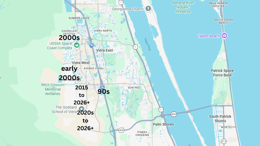 map of west viera showing the approximate year built of the various communities