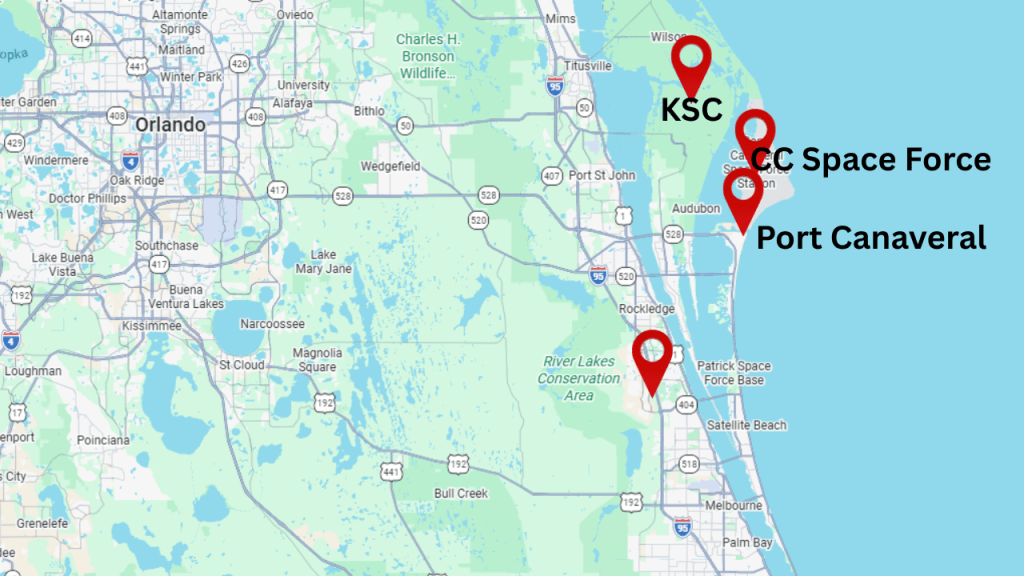 map view showing the location of Viera compared to KSC, the Port, and Cape Canaveral Space Force Station