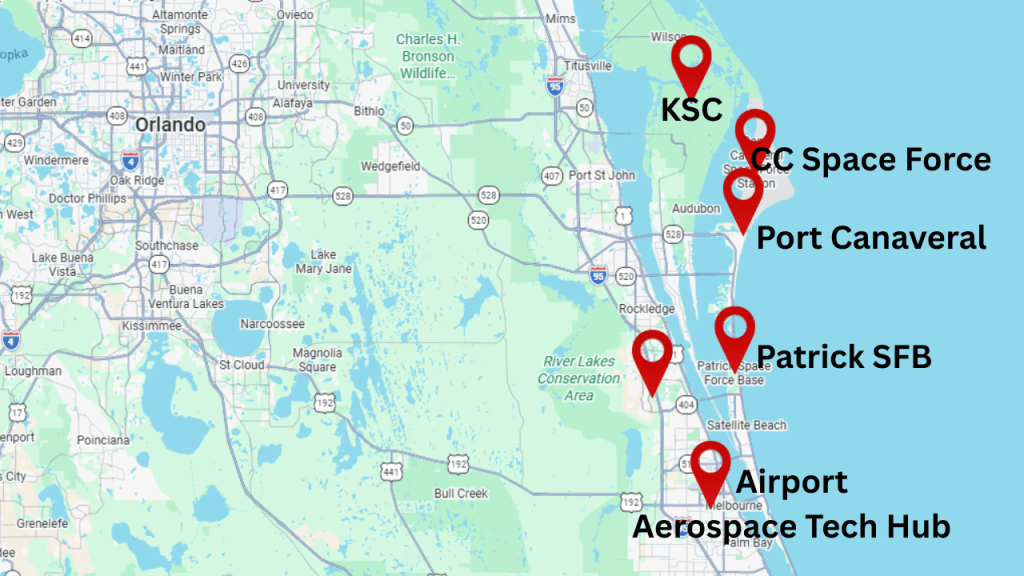 map of Brevard showing Viera and the major employers on the map