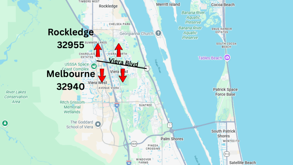 map view of viera showing the rockledge and melbourne area