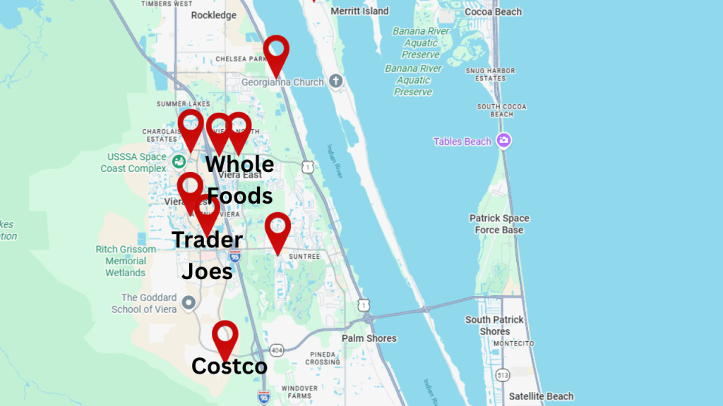 map of Viera showing the location of Publix, Whole Foods, Trader Joes, and costco
