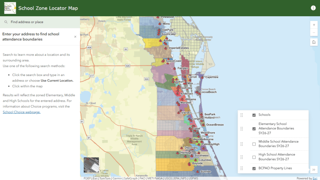 screenshot of the school zone locator from Brevard County
