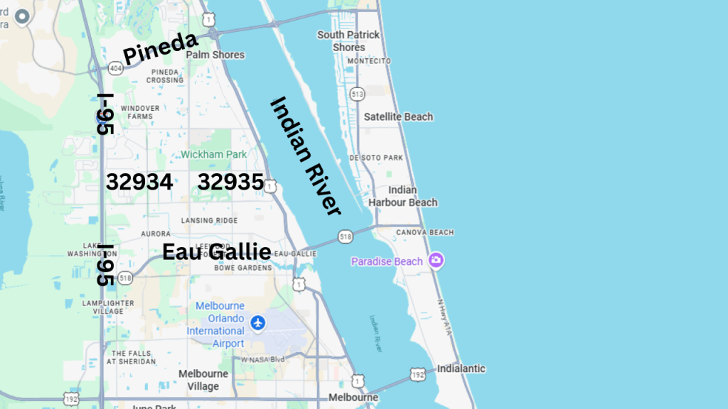 map of central Melbourne showing the location of the 32934 and 32935 zip codes