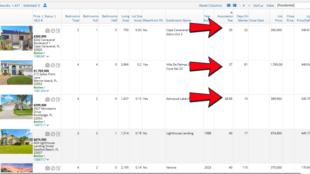 Space Coast MLS screenshot showing some low HOA fees