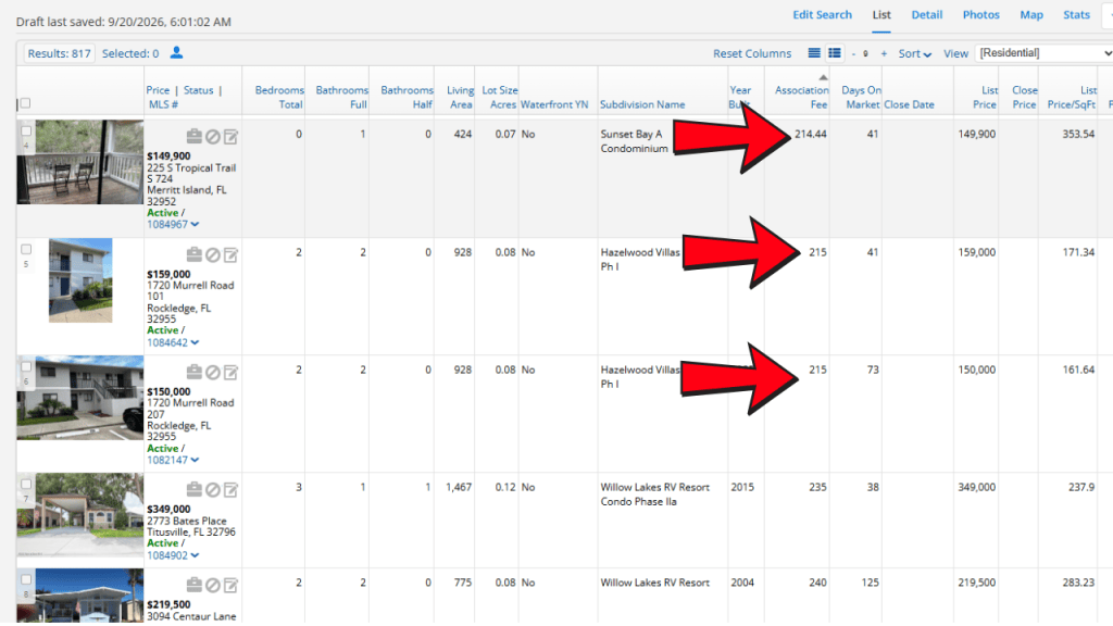 Space Coast MLS screenshot showing some low condo fees