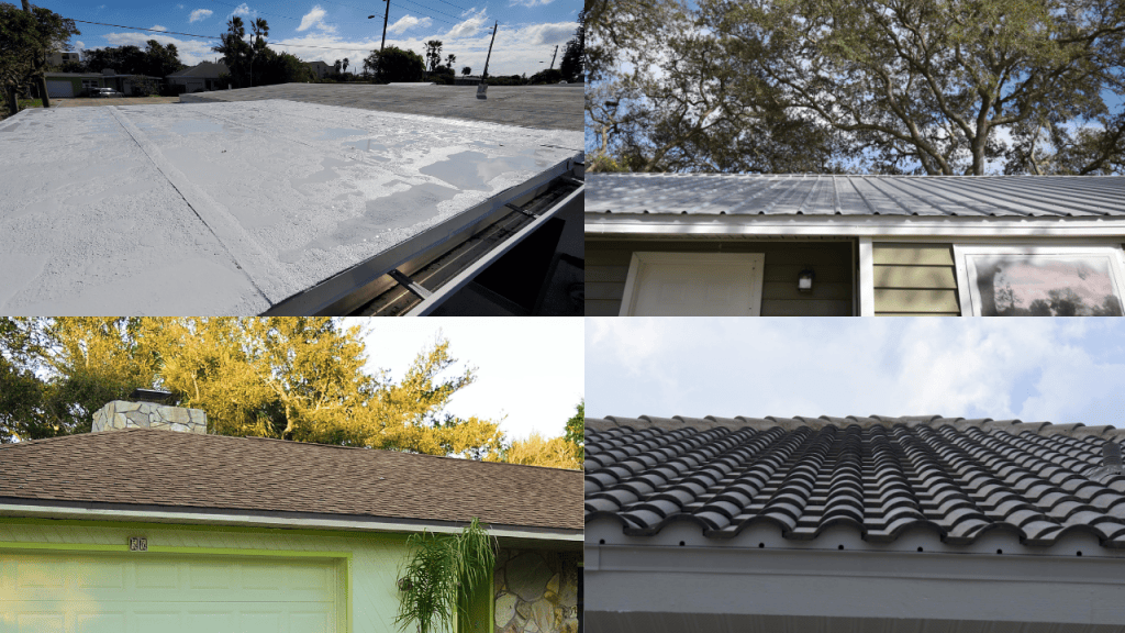 4 different roof types commonly found in brevard county: rolled membrane, shingle, metal, and tile
