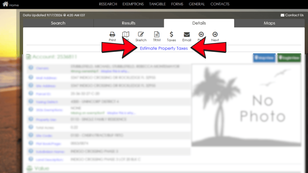 brevard county property appraiser property detail highlighting the tax estimator button