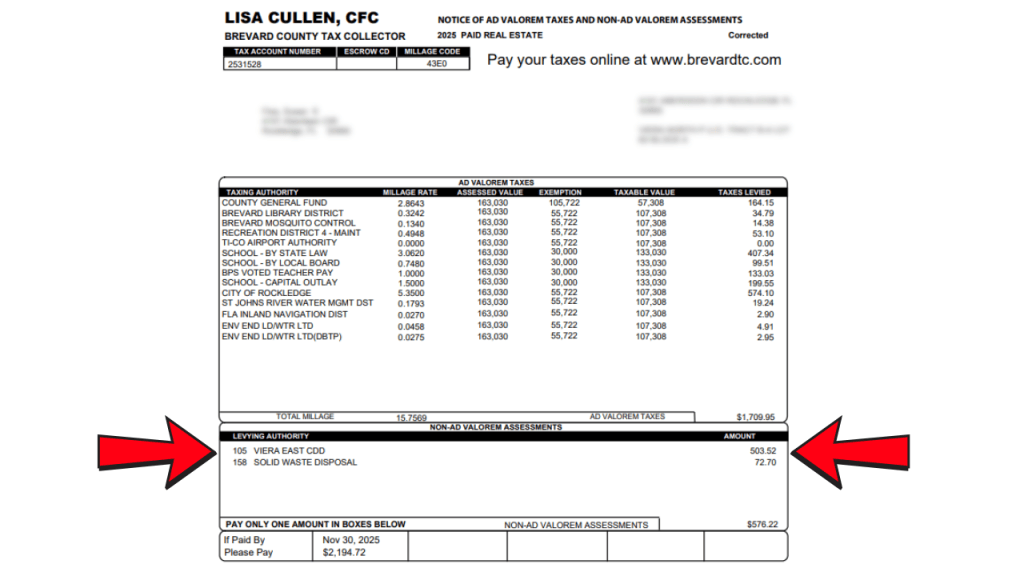 example of the property tax bill with arrows pointing to the CDD as a non advalorem charge