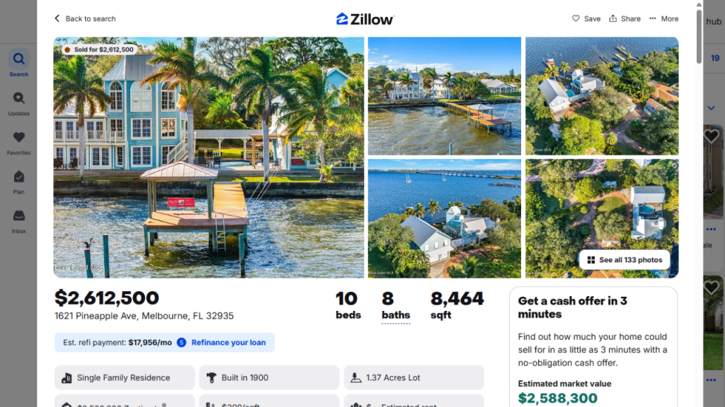 zillow screenshot of the 2.6 million dollar home sale in the 32935