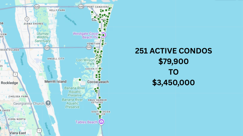 map view of cocoa beach and cape canaveral showing the active condos for sale. text overlay 251 condos $79,900 to $3,450,000