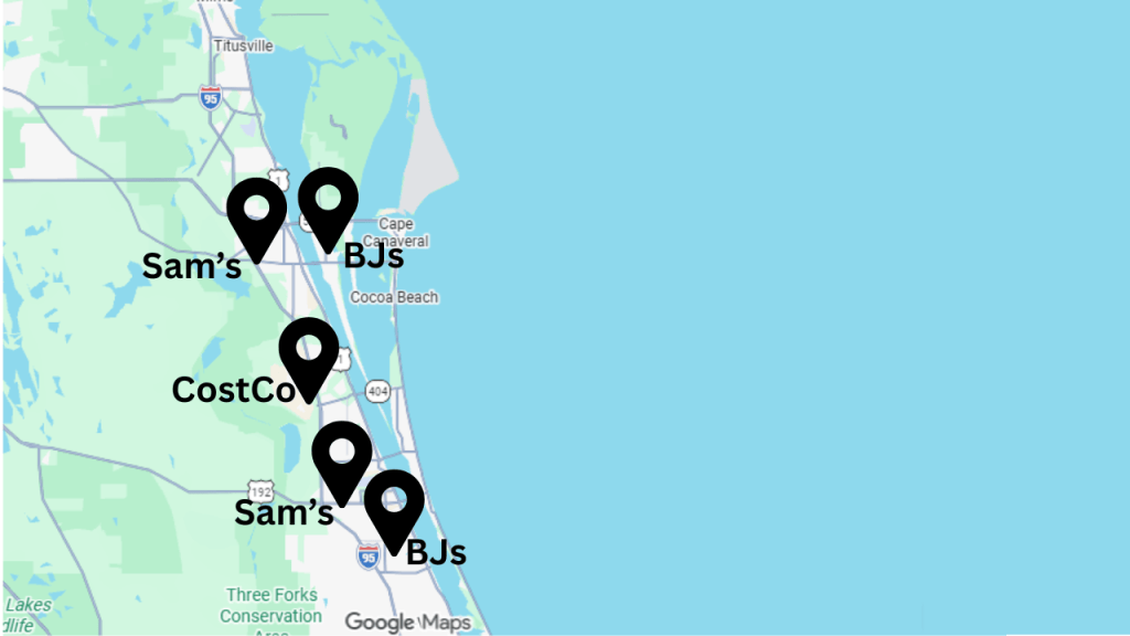 map showing the warehouse shopping in Brevard County