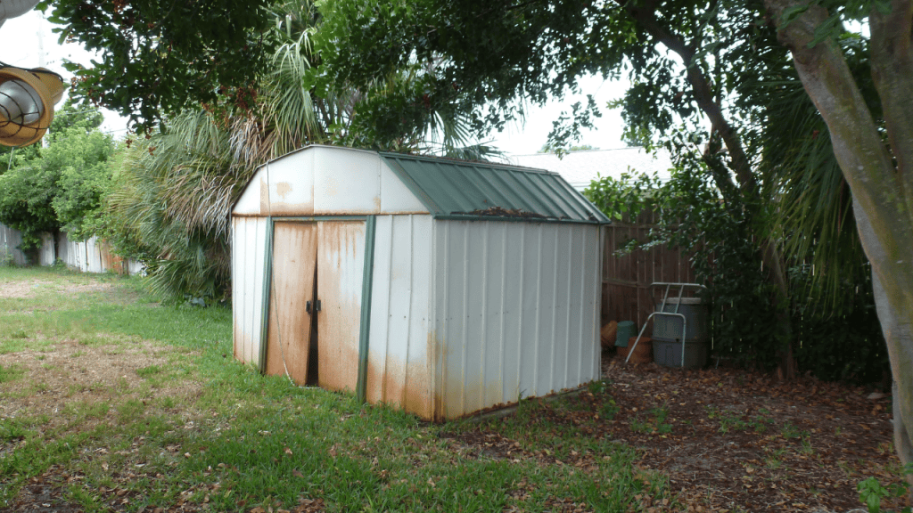 rusted metal shed
